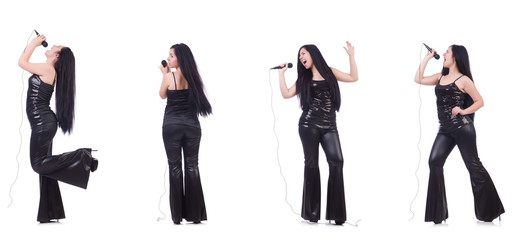 Woman singing in karaoke club in various poses on white