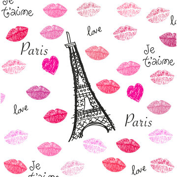 Kiss and lips textile pattern with Eiffel tower vector illustration