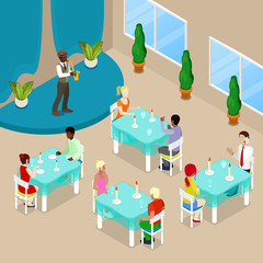 Isometric Restaurant Interior. People Eating in Luxury Restaurant. Vector illustration
