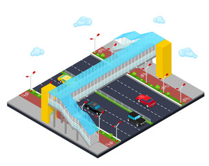 Isometric City. City Road with Pedestrian Bridge and Bicycle Path. Vector illustration