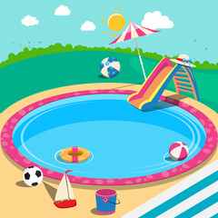 Outdoor Swimming Pool with Toys. Summer Time. Vector Background