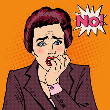 Nervous Business Woman Biting Her Fingers. Pop Art. Vector illustration