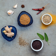 Assorted of spices ginger,fennel seed,dried thyme ,sage leaves,g