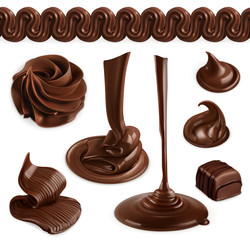 Chocolate, cocoa butter, whipped cream, pastry and desserts, set of vector graphic, mesh objects