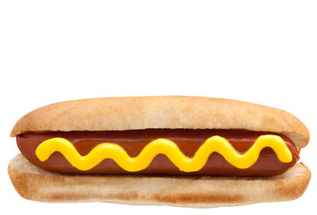 Hot Dog classic with mustard isolated on white. American Fast food. 