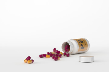3d illustration pills scattered with bottle