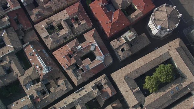 Above Parma Cathedral And Baptistry Top Down With Pull Out To Rooftops