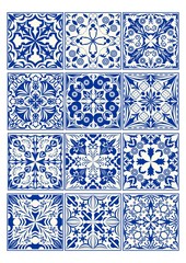 Set of vintage ceramic tiles in azulejo design with blue patterns on white background, traditional Spain and Portugal pottery