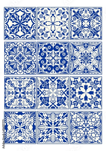Set of vintage ceramic tiles in azulejo design with blue patterns on ... Set of vintage ceramic tiles in azulejo design with blue patterns on ...