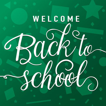 Vector illustration of welcome back to school greeting card with lettering element on seamless geometric background