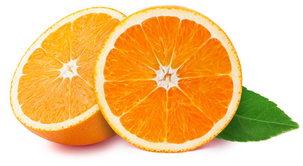 Perfectly retouched sliced halfs of oranges with leaf isolated on the white background with clipping path