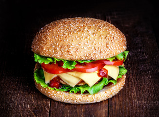 burger on a wooden background