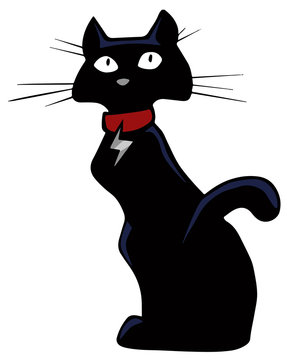 An illustration of a lean, black cartoon cat