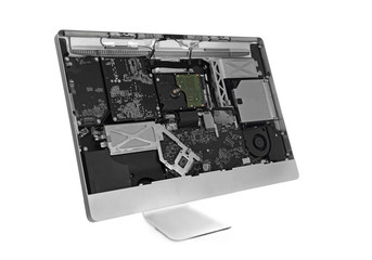 Disassembled computer monitor with internal components, isolated on white