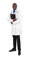 Professional African doctor with clipboard, isolated on white