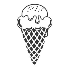 Delicious ice cream cone in black and white colors, isolated flat icon.