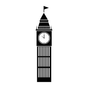 Tower clock building real estate , isolated flat icon with black and white colors.
