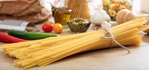 A bunch of raw spaghetti pasta