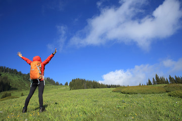 cheering successful woman backpacker enjoy the view on mountain peak