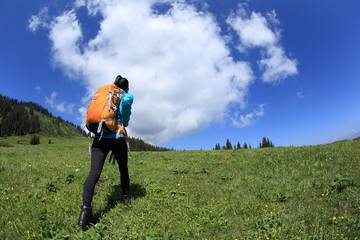 Fototapeta na wymiar young woman backpacker hiking on beautiful mountain peak