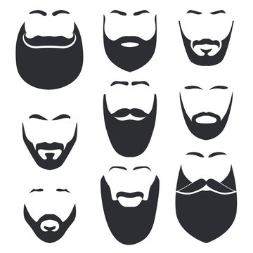 Isolated face with mustache and beard vector logo set. Men barber shop emblem.