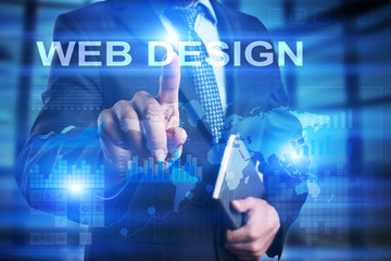 Businessman is pressing on the virtual screen and selecting Web design.