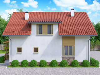 3d rendering of private suburban, two-story house in a modern st