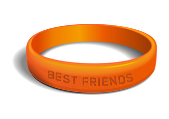 Orange plastic wristband with the inscription - BEST FRIENDS. Friendship band isolated on white background. Realistic vector illustration for International Friendship Day