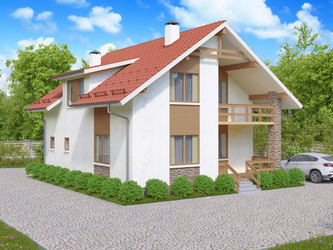 3d rendering of private suburban, two-story house in a modern st