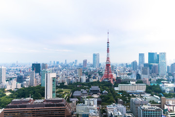 Fototapeta premium pejzaż miejski i panorama miasta w pobliżu wieży tokio w chmurnym niebie