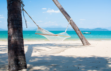 empty hammock tied to coconut palm tree at the beach
