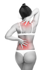 Young caucasian woman in underwear with backache, neck pain in the female body, isolated on white background, copy space