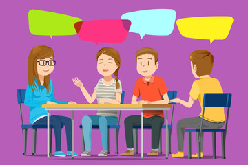 Meeting a group of people.Character students consulting each other.Lifestyle in school.Creating new ideas. Ask questions about course.