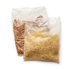 Packets of buckwheat and white rice