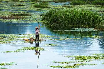 Fishermen fishing on lake in Vanlong, NInh Binh, Vietnam. 
