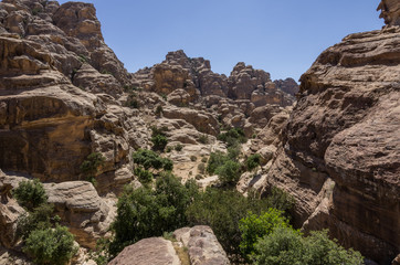 Fototapeta na wymiar Mountain canyon near Siq al-Barid in Jordan. It is known as the Little Petra.