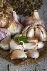 Purple garlics on a napkin on a wooden rustic table