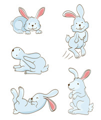 set of cute cartoon rabbits on white. vector