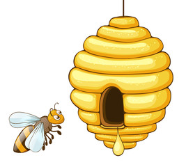 bee flying and beehive with honey drop. vector illustration