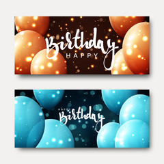 Happy birthday calligraphic inscription with balloons and light effects. Greeting card. Festive banner template design. Bright postcard for child's