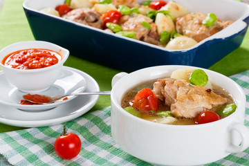 stew chicken things, new potatoes, tomatoes and butter lima beans