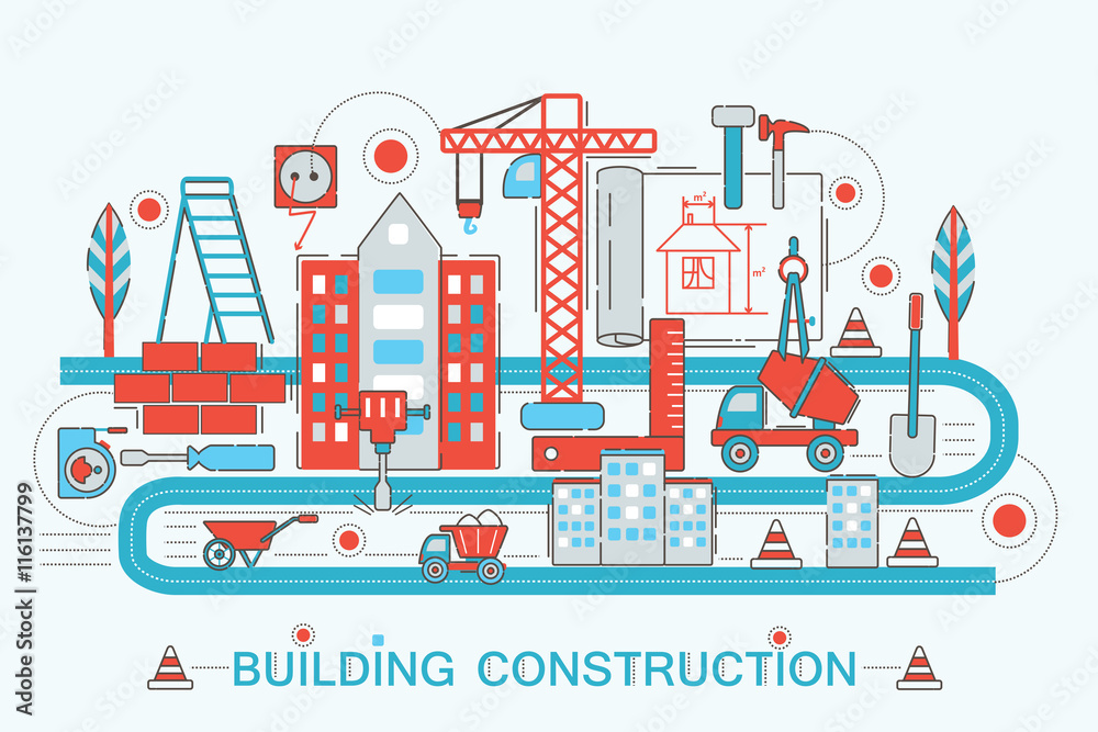 Poster modern flat thin line design construction and architect building concept for web banner website, pre