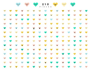 Fototapeta na wymiar Great set of 210 color emotions isolated on white background. Character emoji for Web. Anger and compassion. Laughter, tears. Smile sadness surprise. Happiness fear.