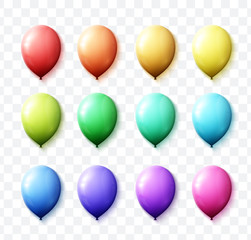 Set realistic color air balloons isolated with transparent. Realistic balls with shadow for decor. Festive scenery