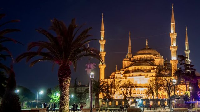 Sultanahmet (Blue Mosque) at night. Timelapse video. Istanbul, Turkey