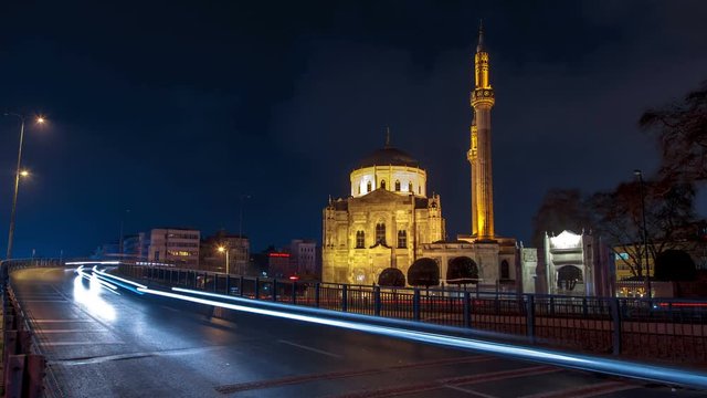 Valide Sultan Mosqueat night. Aksaray, Istanbul, Turkey. Timelapse