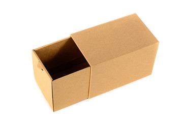 Brown cardboard box package with cover, isolated on white backgr