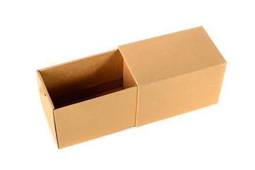 Brown cardboard box package with cover, isolated on white backgr