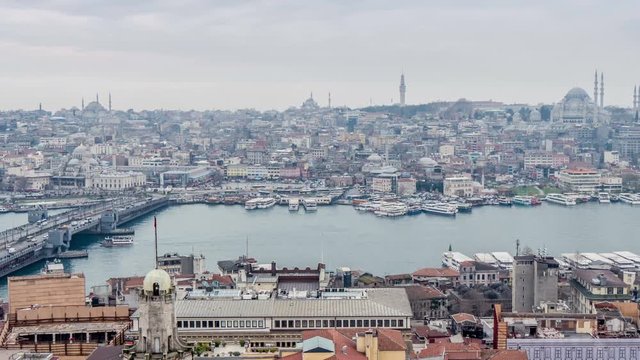 Golden Horn bay in Istanbul, Turkey. View from Galata Tower.  Timelapse
