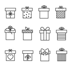 Gift boxes thin line vector icons. Box for gift and present gift box in linear style